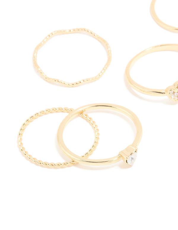 Gold Plated Diamante Heart Wavy Rings 6-Pack