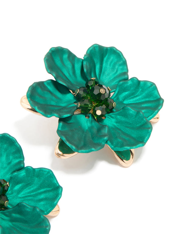 Gold Green Pearlised Extra Large Flower Earrings