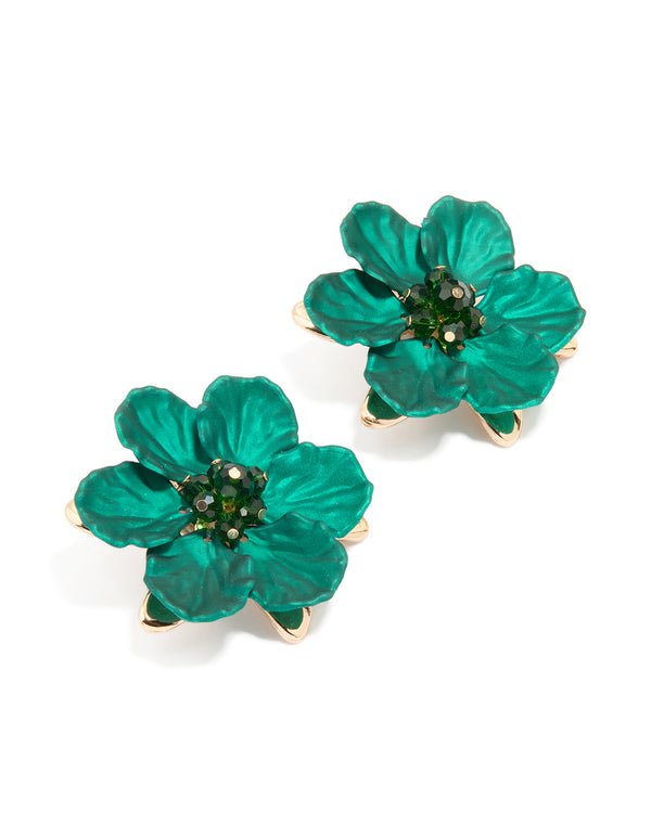 Gold Green Pearlised Extra Large Flower Earrings