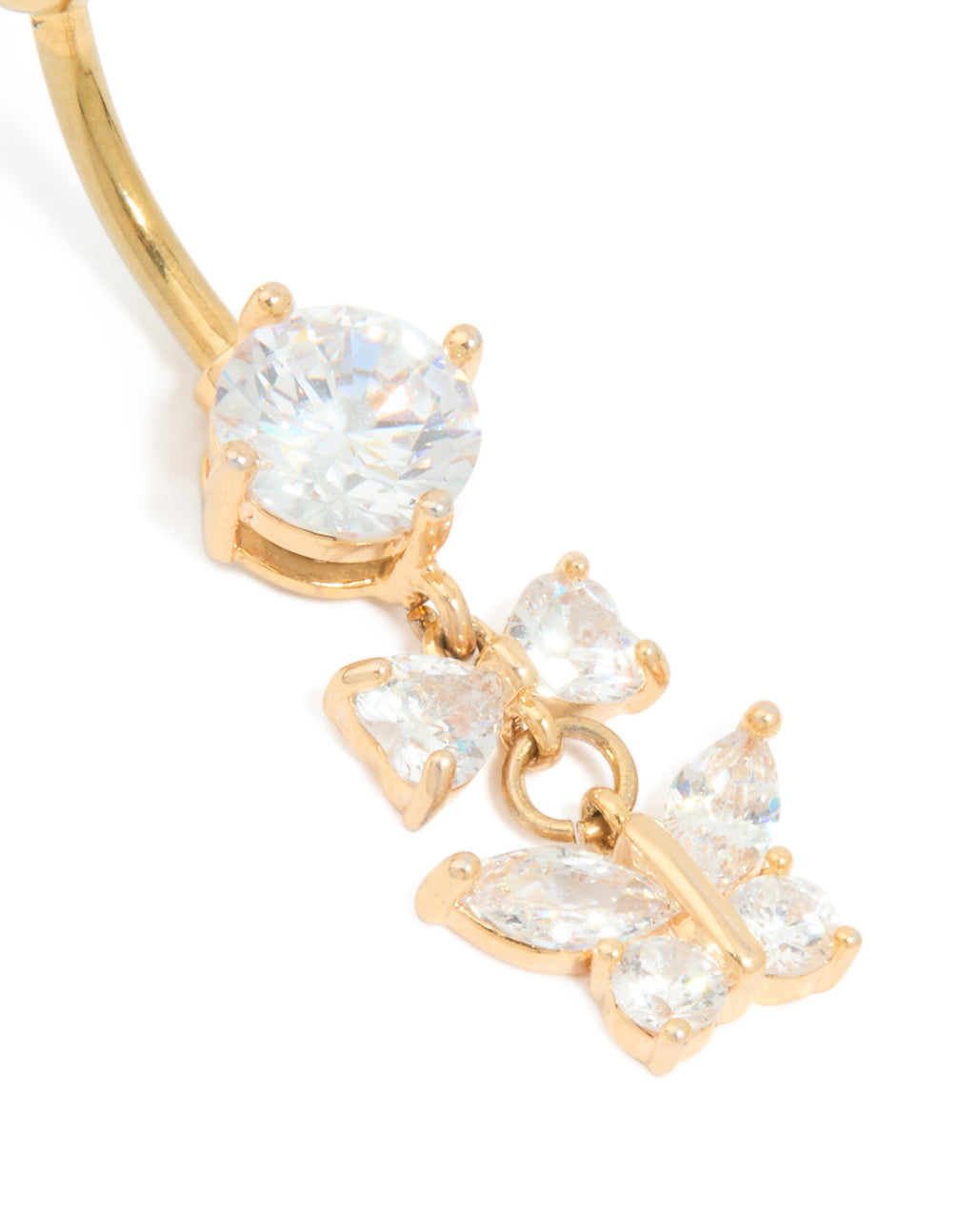 Gold Plated Surgical Steel Cubic Zirconia Bow & Butterfly Drop Belly Bar