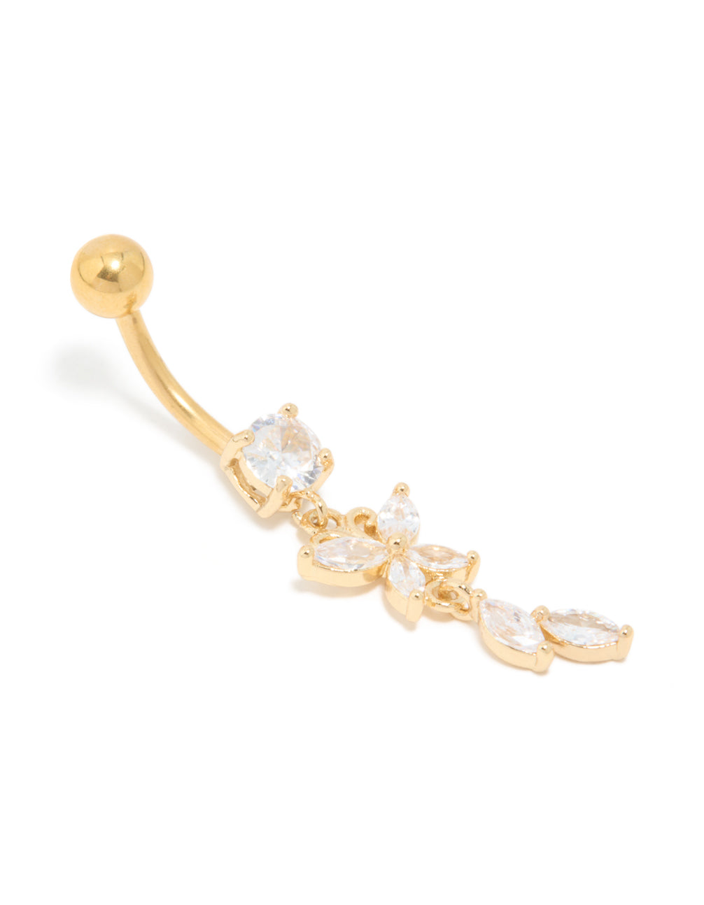 Gold Plated Surgical Steel Cubic Zirconia Butterfly & Leaf Drop Belly Bar