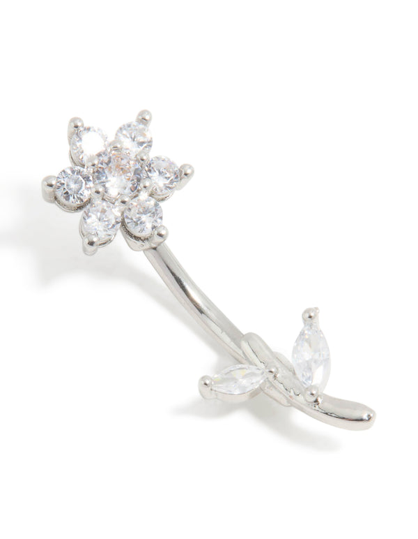 Surgical Steel Cubic Zirconia Flower Thread Through Belly Bar