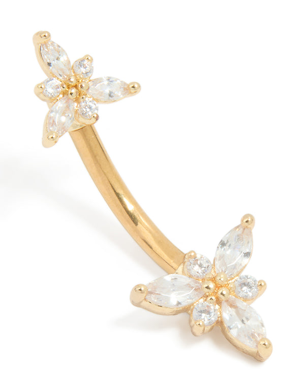 Gold Plated Titanium Diamante Double Dainty Flower Belly Bar
