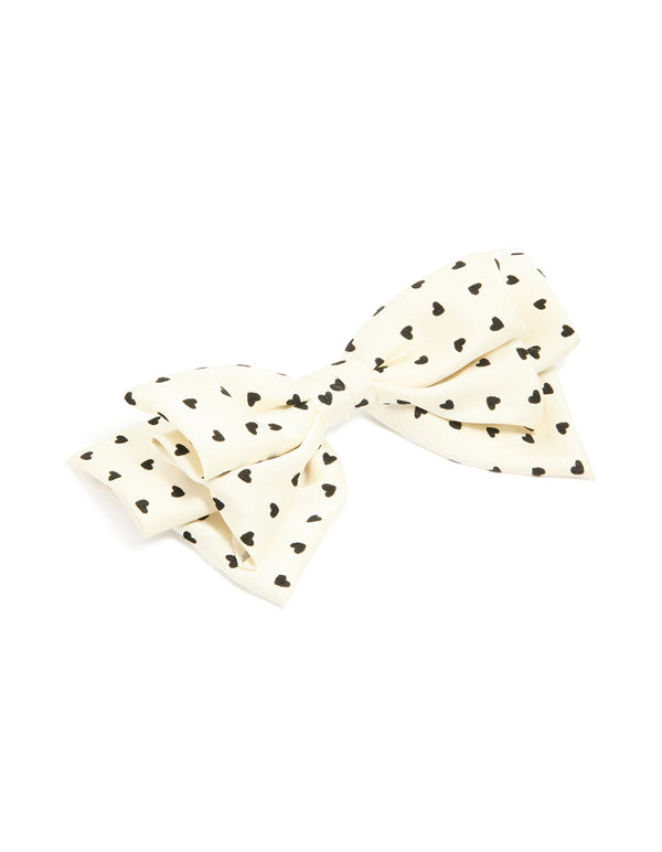 White Fabric Bow With Heart Polka Dot Hair Clip