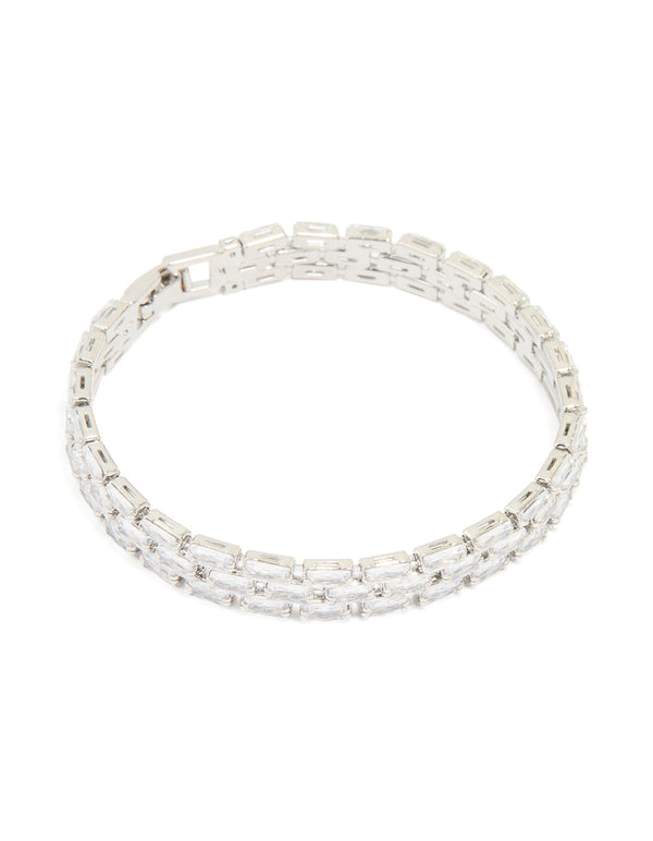 Silver Cubic Zirconia Rectangular Layered Tennis Bracelet