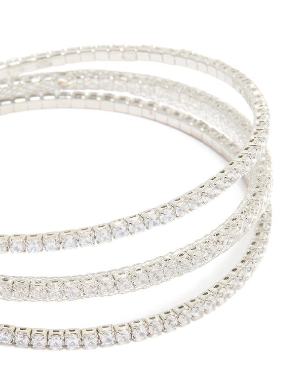 Silver Cubic Zirconia Mini Triple Row Wrist Cuff