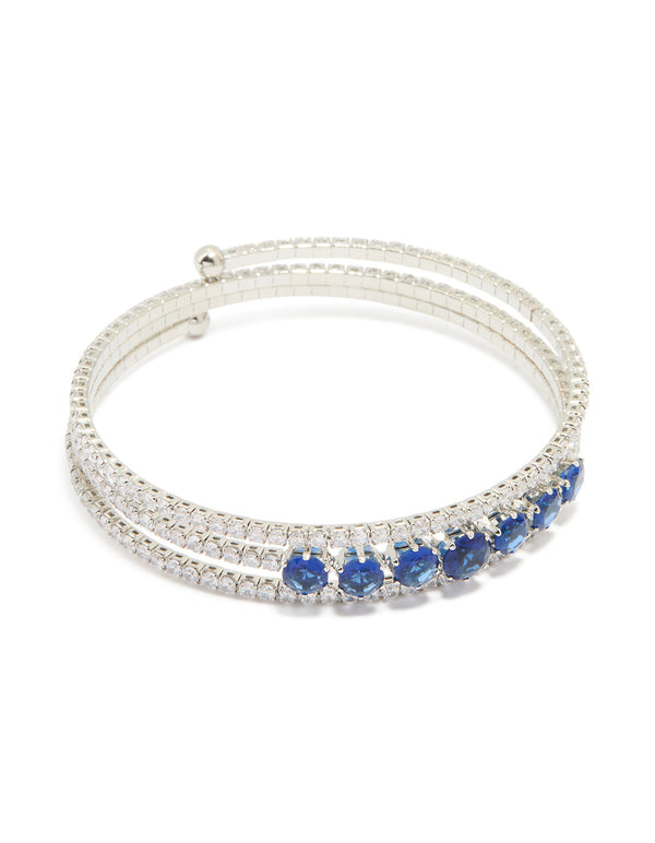 Silver Blue Cubic Zirconia Triple Row Circle Wrist Cuff