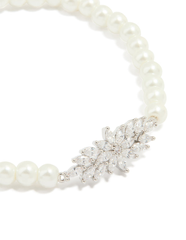 Silver Cubic Zirconia Center Flower Stretch Bracelet