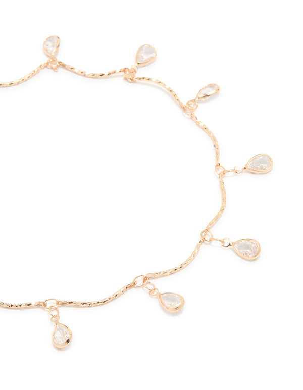 Gold Cubic Zirconia Dainty Droplet Anklet