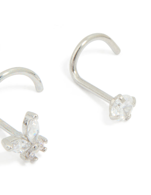 Surgical Steel Butterfly & Diamante Nose Studs 3-Pack