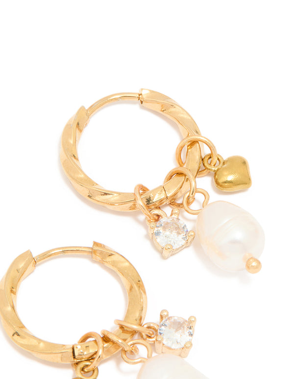 Waterproof Gold Plated Stainless Steel Freshwater Pearl Twist Hoop Earrings