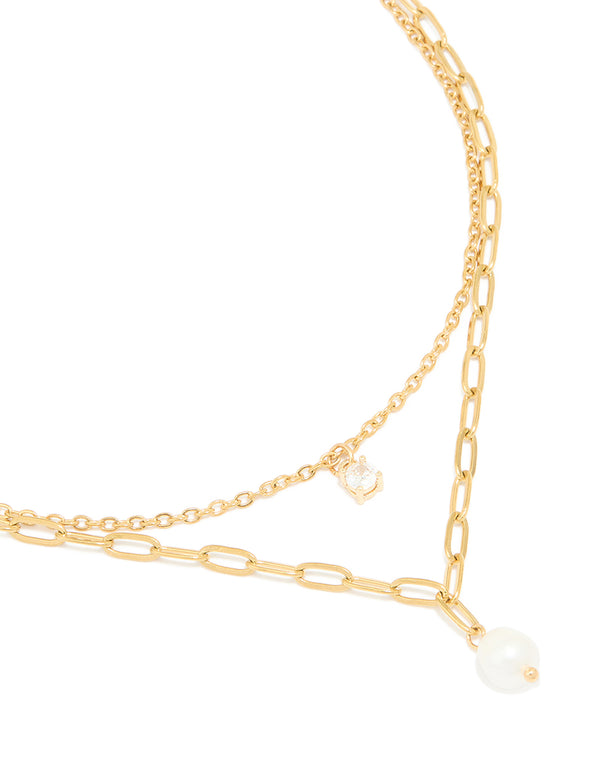 Waterproof Gold Plated Stainless Steel Pearl Chain Layered Necklace