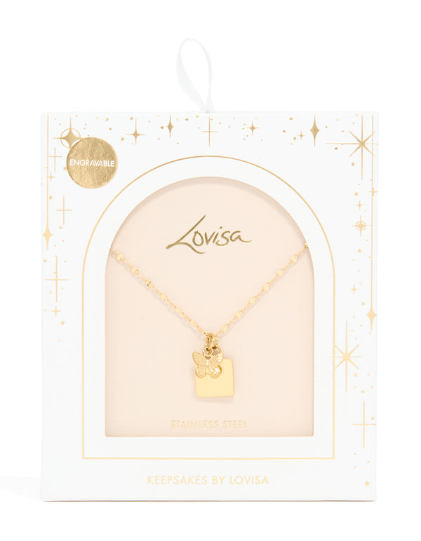Waterproof Gold Plated Stainless Steel Square & Butterfly Pendant Necklace