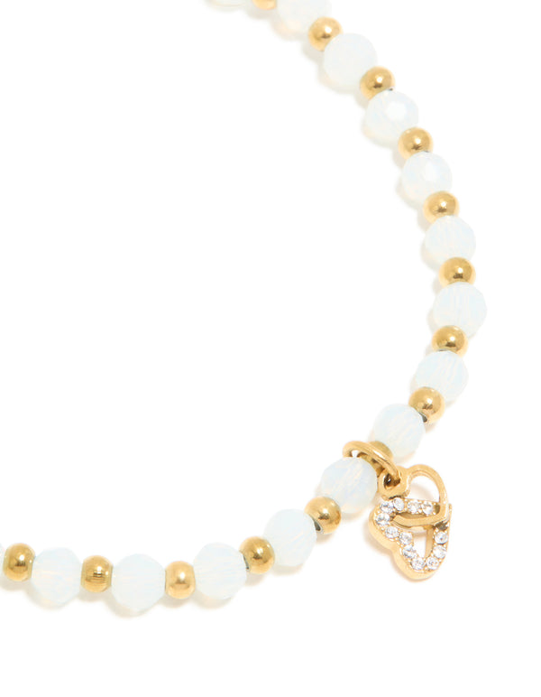 Waterproof Gold Plated Stainless Steel Clear Quartz Semi Precious Stone & Heart Link Chain Bracelet