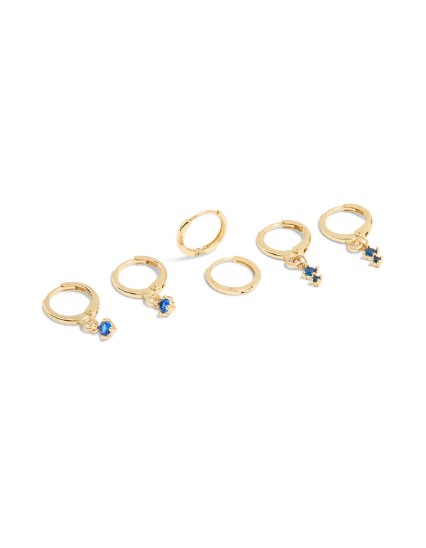 Gold Plated Dainty Blue Cubic Zirconia Hoop Earrings 3-Pack