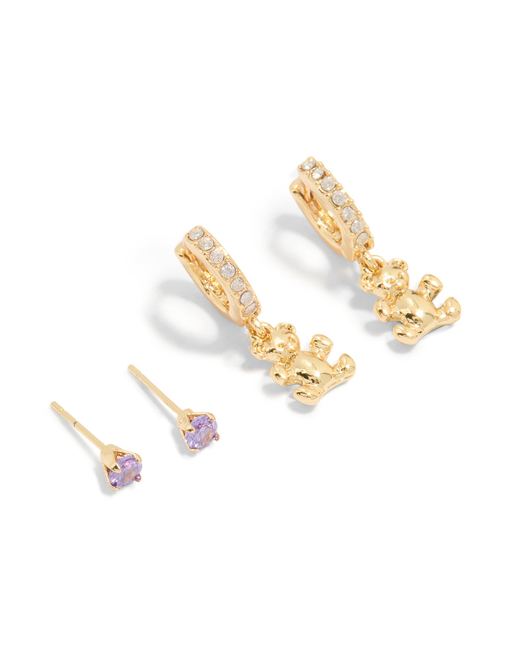 Gold Plated Purple Cubic Zirconia Dainty Bow & Stud Earrings 3-Pack