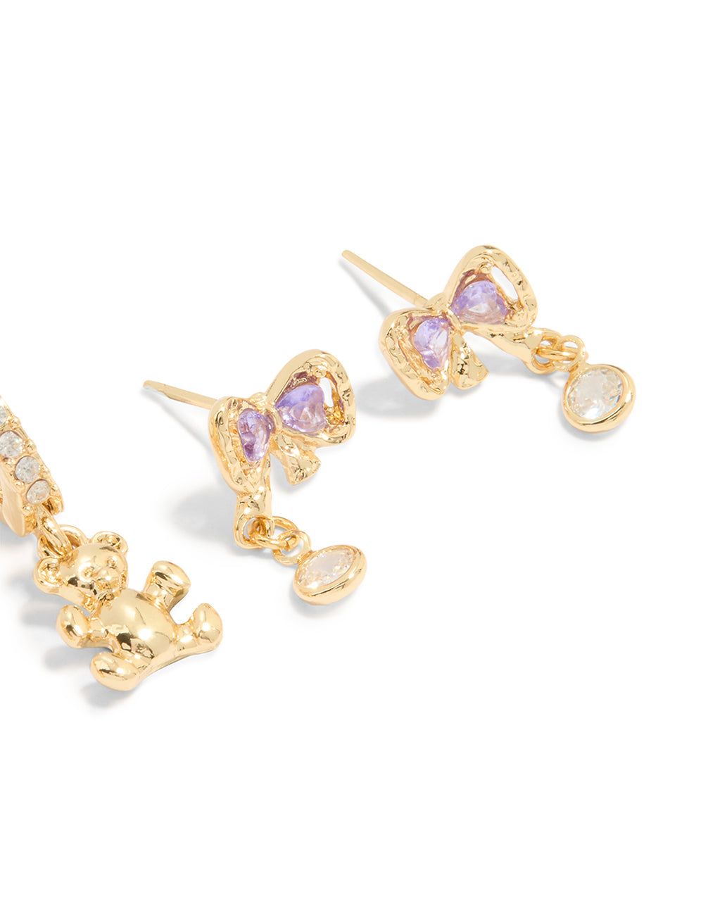 Gold Plated Purple Cubic Zirconia Dainty Bow & Stud Earrings 3-Pack