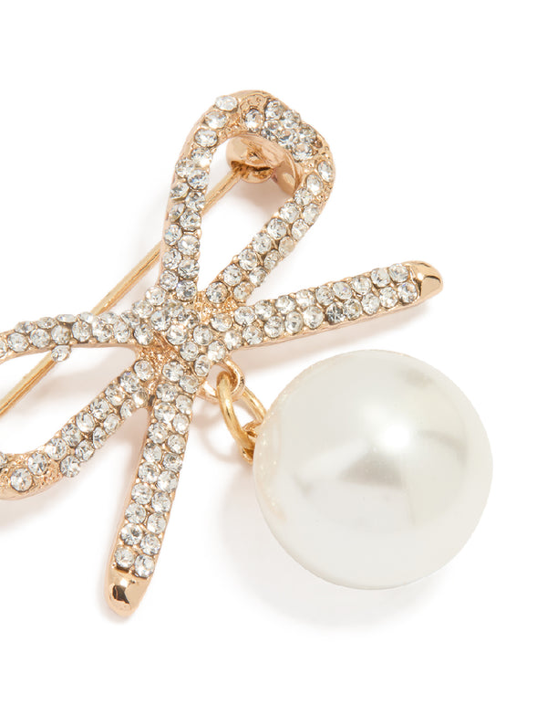 Gold Diamante Pavé Bow Pearl Drop Brooch