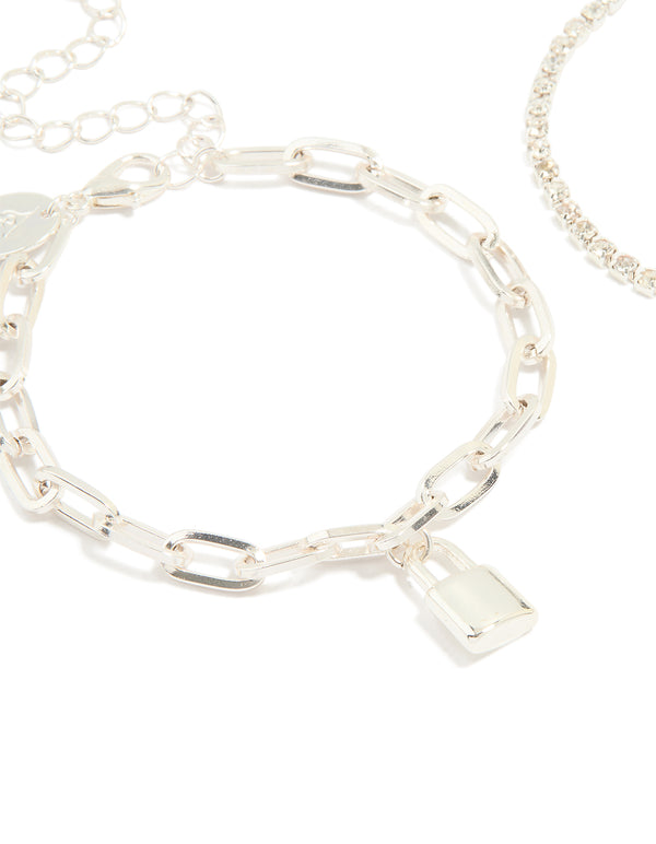 Silver Diamante Cup Chain & Link Lock Bracelets 2-Pack