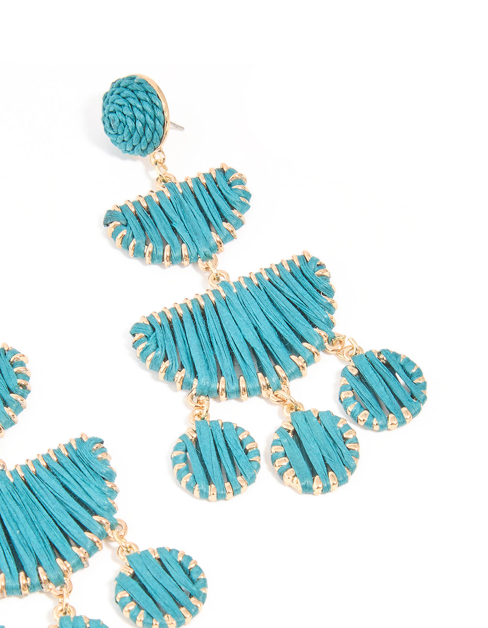 Gold Blue Raffia Crescent Drop Earrings