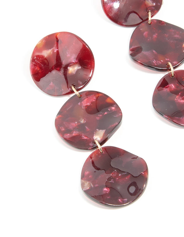 Gold Burgundy Triple Circle Drop Earrings