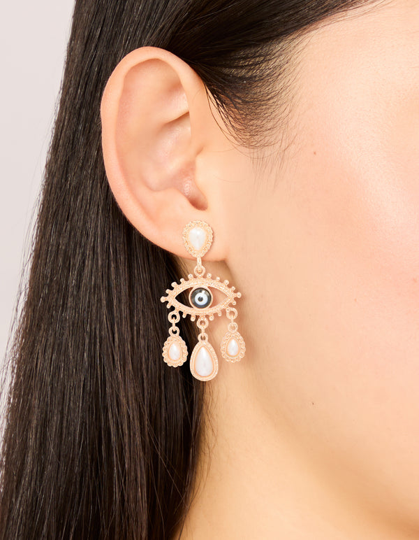 Gold Pearl Evil Eye Drop Earrings