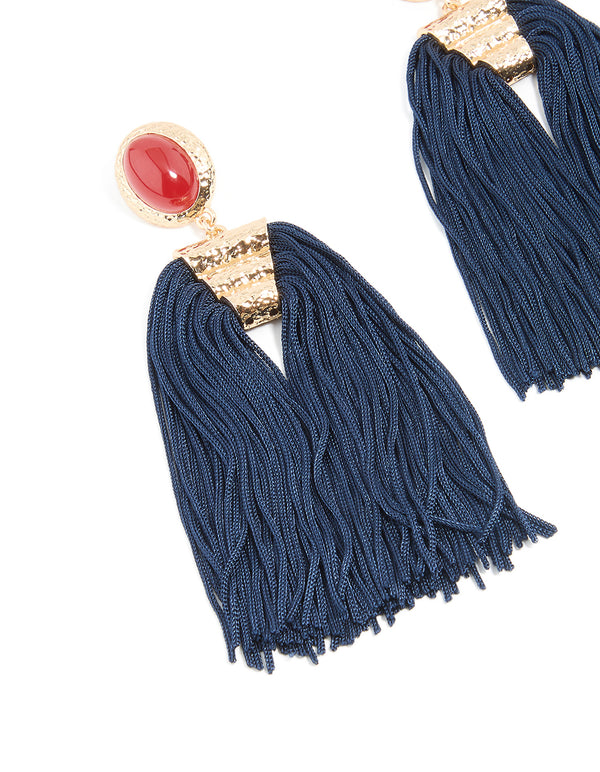 Gold Red Stone & Dark Blue Tassel Earrings