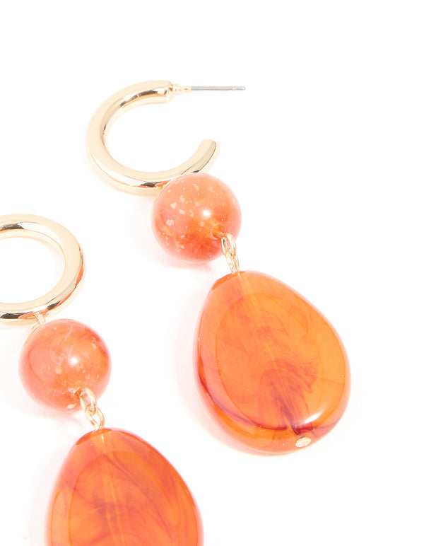 Gold Orange Resin Oval Drop Earrings