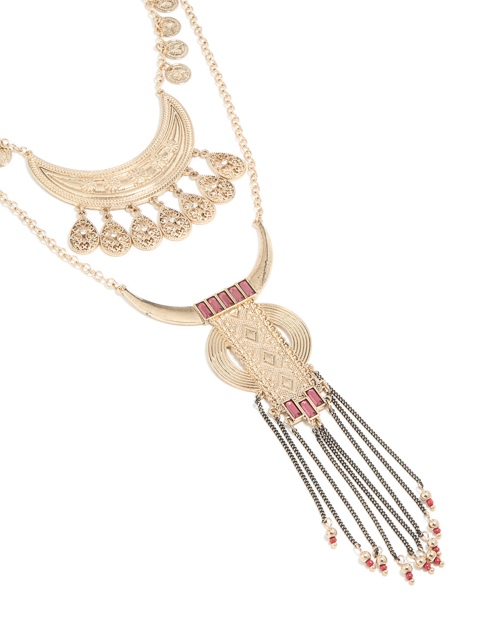 Antique Gold Red Beaded Patterned Necklace