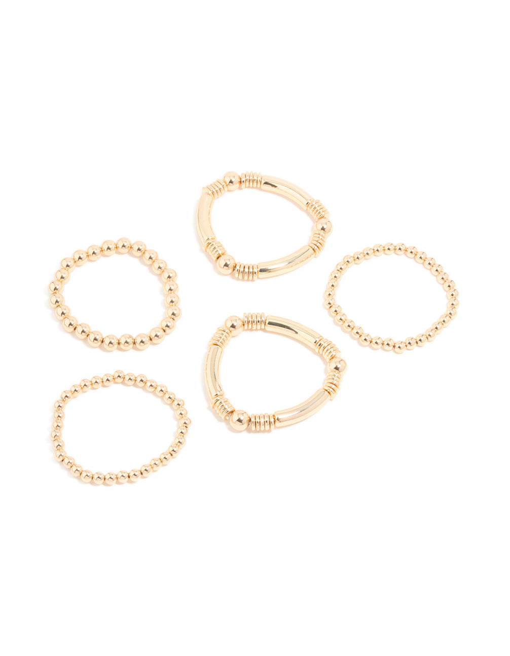 Showcasing gold beaded mixed chunky ball stretch bracelets in a 6-pack with statement style front view