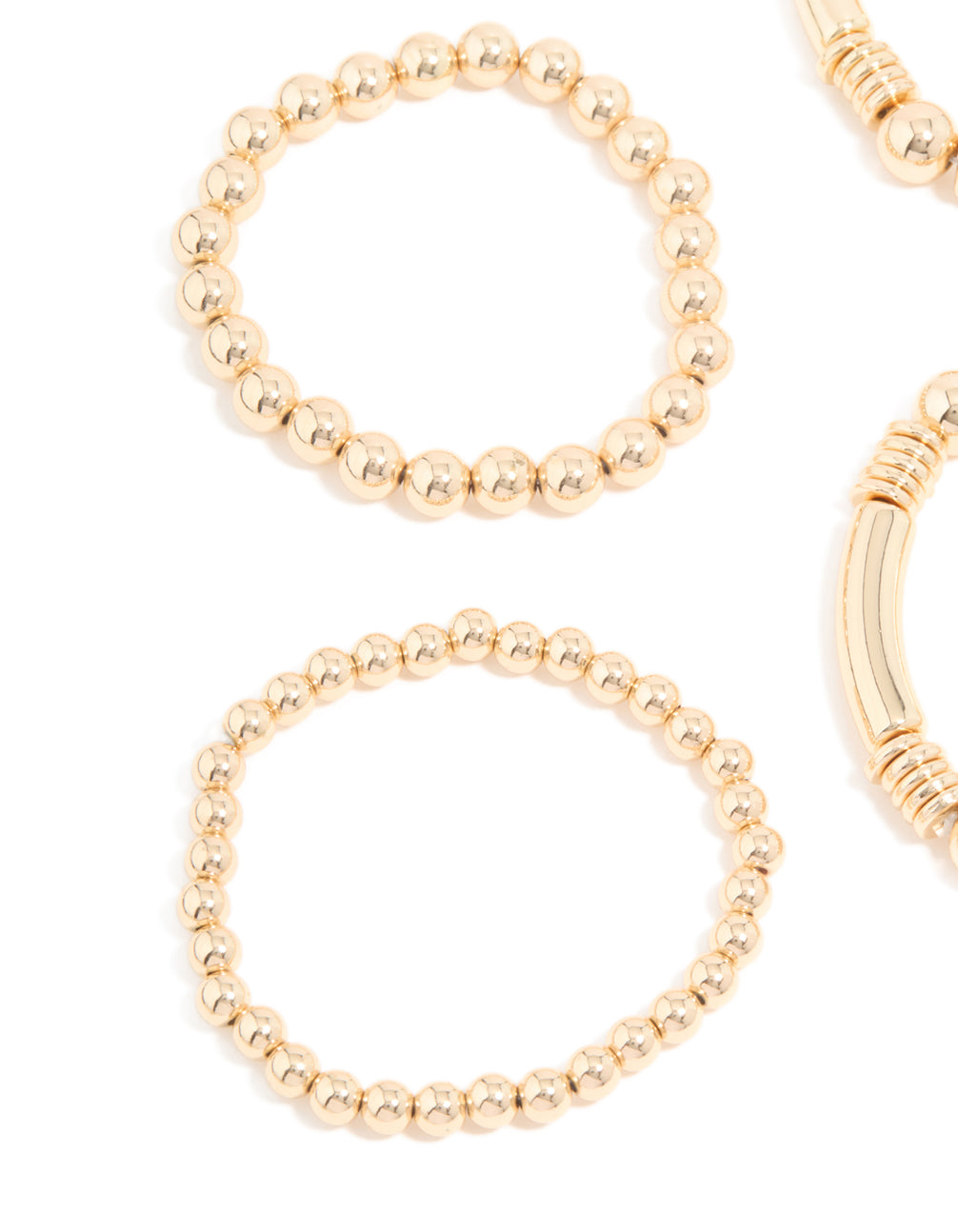 Featuring gold beaded mixed chunky ball stretch bracelets in a 6-pack with statement style close up view