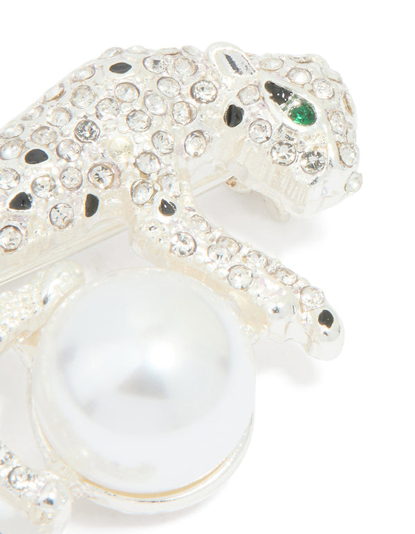 Silver Diamante Jaguar & Pearl Brooch