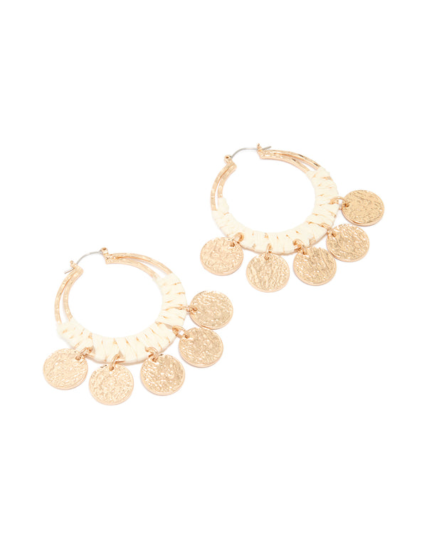 Gold Raffia Hammered Disc Hoop Earrings