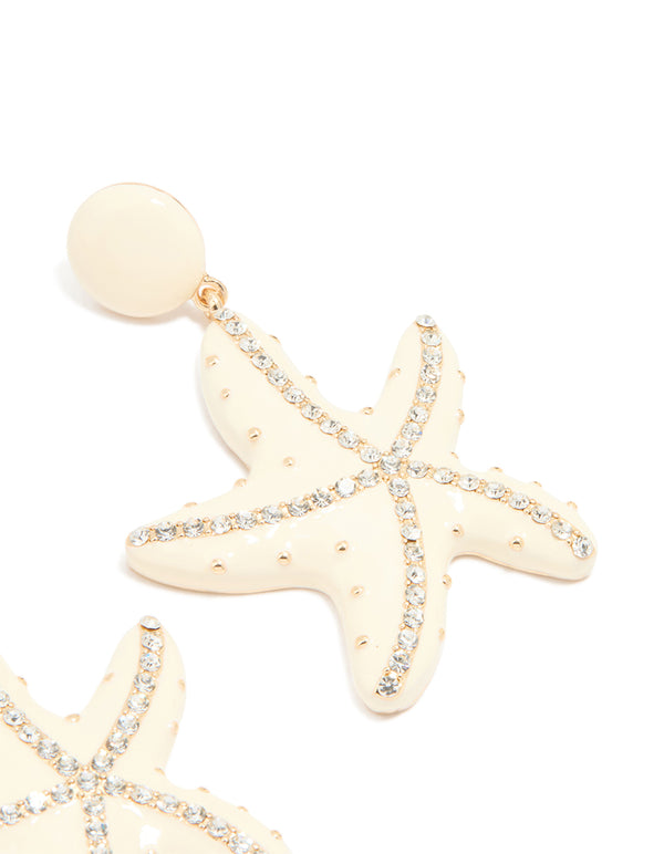 Gold White Enamel Diamante Starfish Earrings