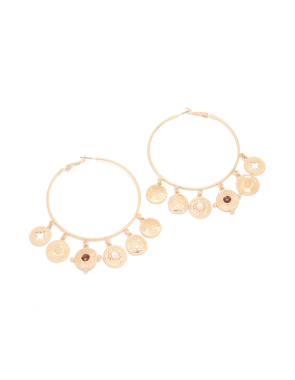 Gold Disc Charm Hoop Earrings