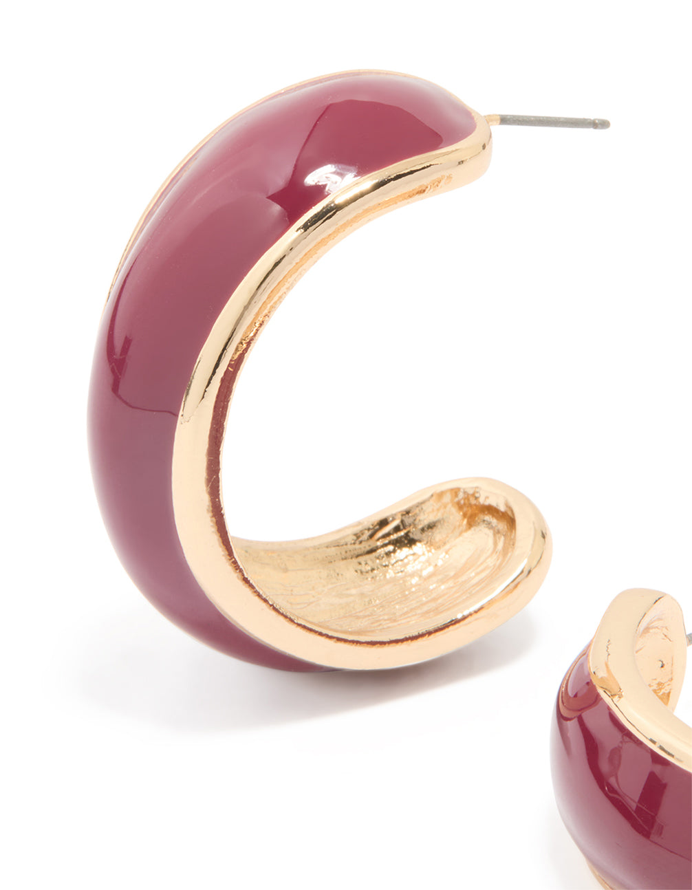 Gold Burgundy Enamel Hoop Earrings