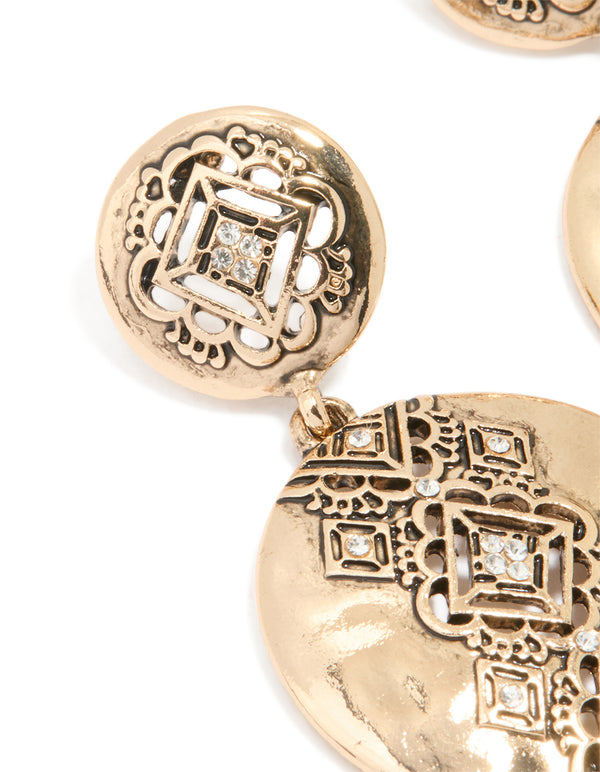 Gold Diamante Round Drop Earrings
