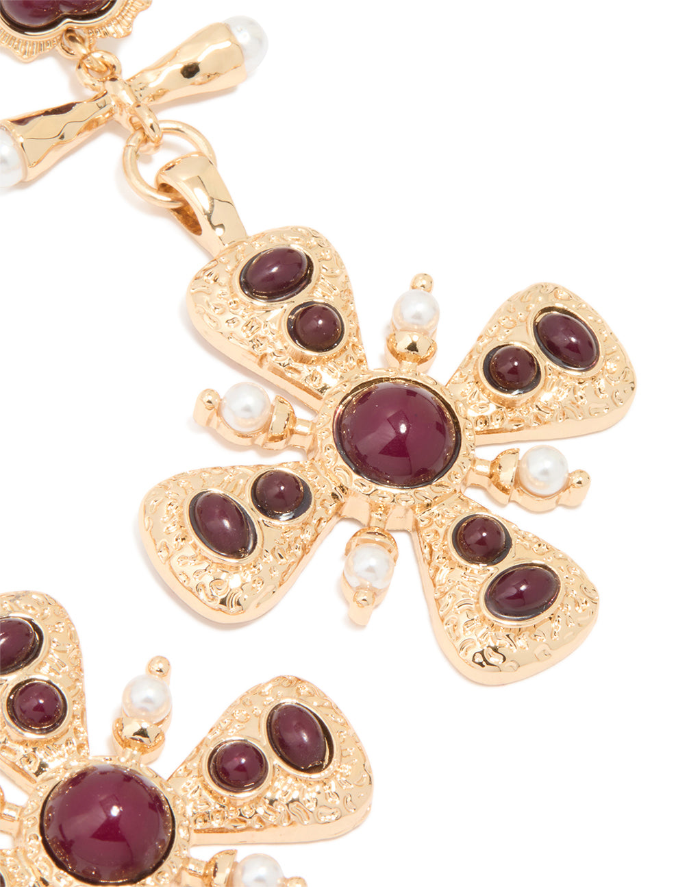 Gold Red Stone Heart & Cross Drop Earrings