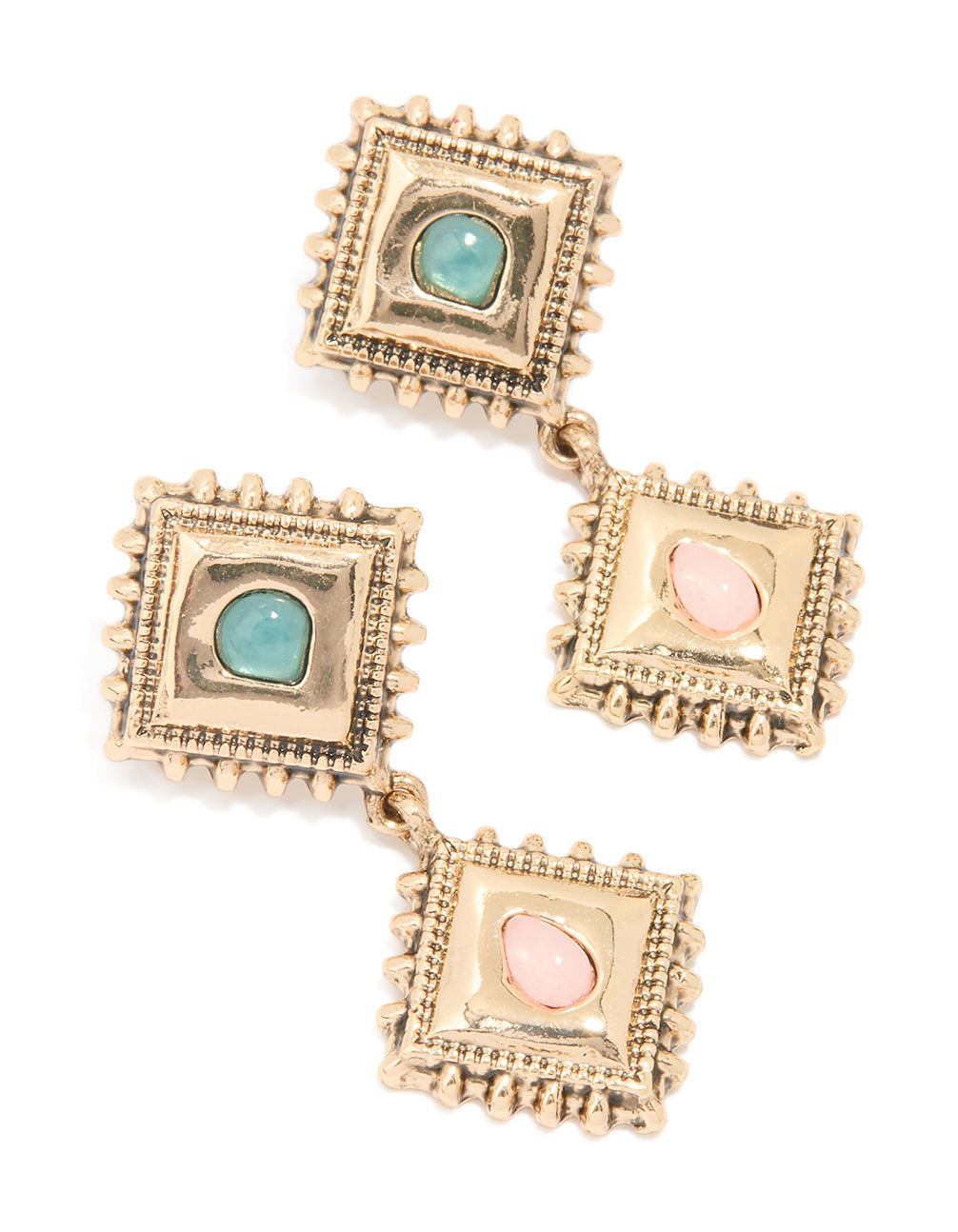 Antique Gold Pink & Blue Stone Square Layered Drop Earrings