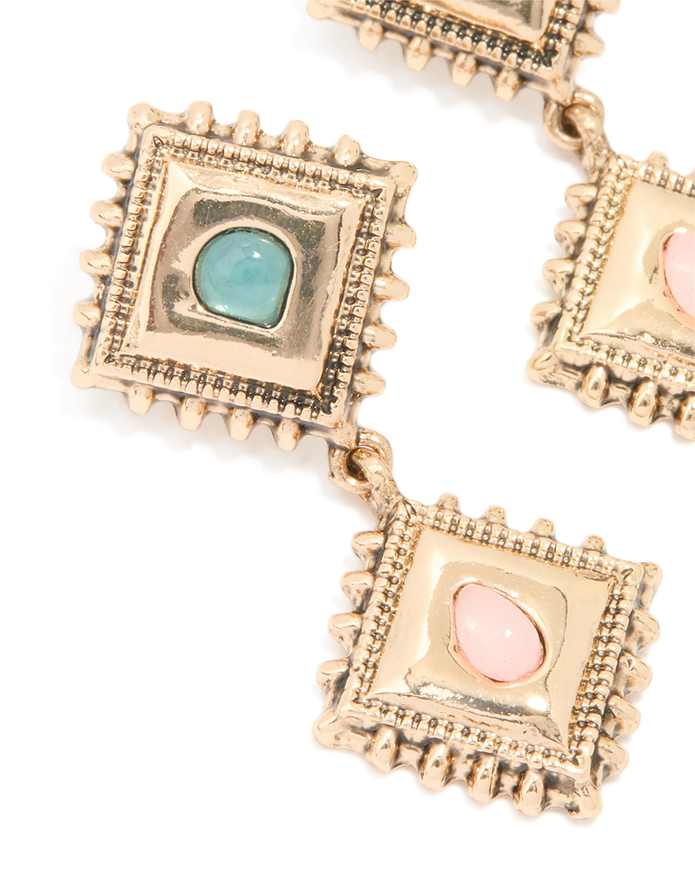 Antique Gold Pink & Blue Stone Square Layered Drop Earrings
