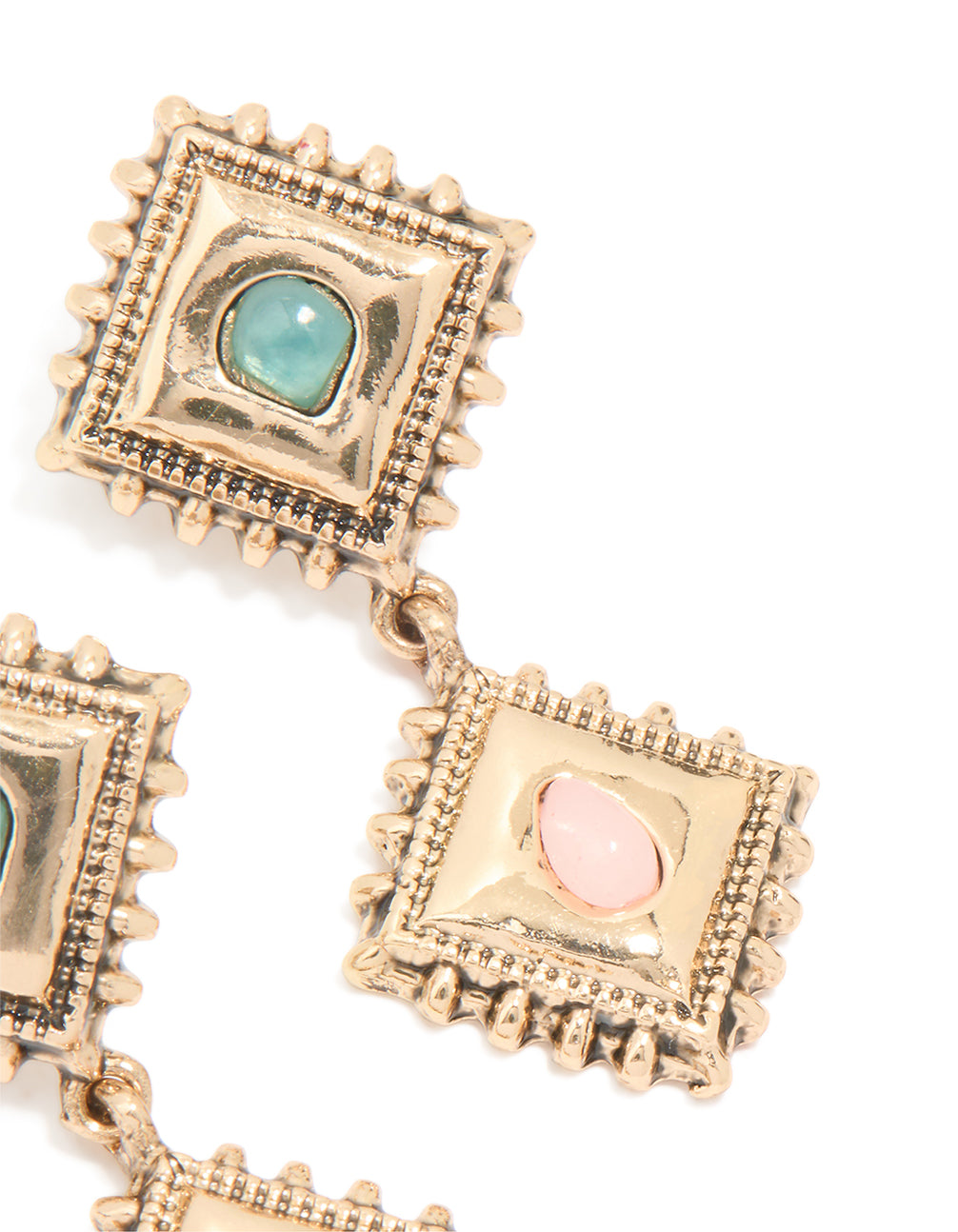Antique Gold Pink & Blue Stone Square Layered Drop Earrings
