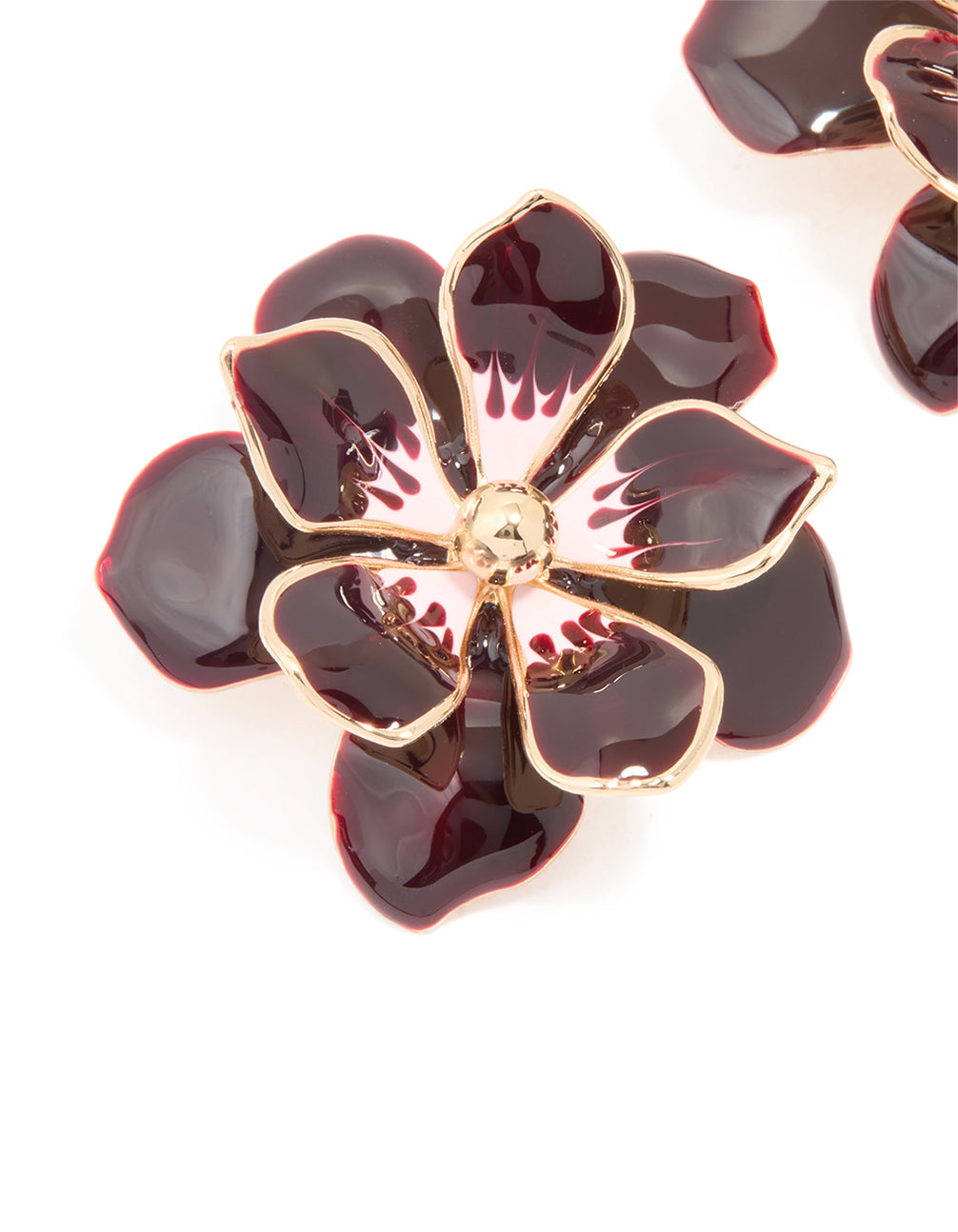 Gold Dark Red Flower Enamel Small Stud Earrings