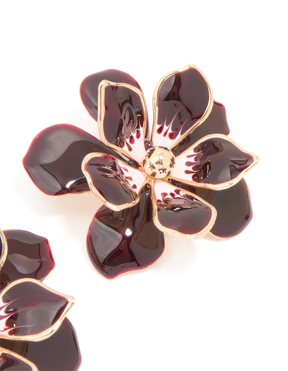 Gold Dark Red Flower Enamel Small Stud Earrings