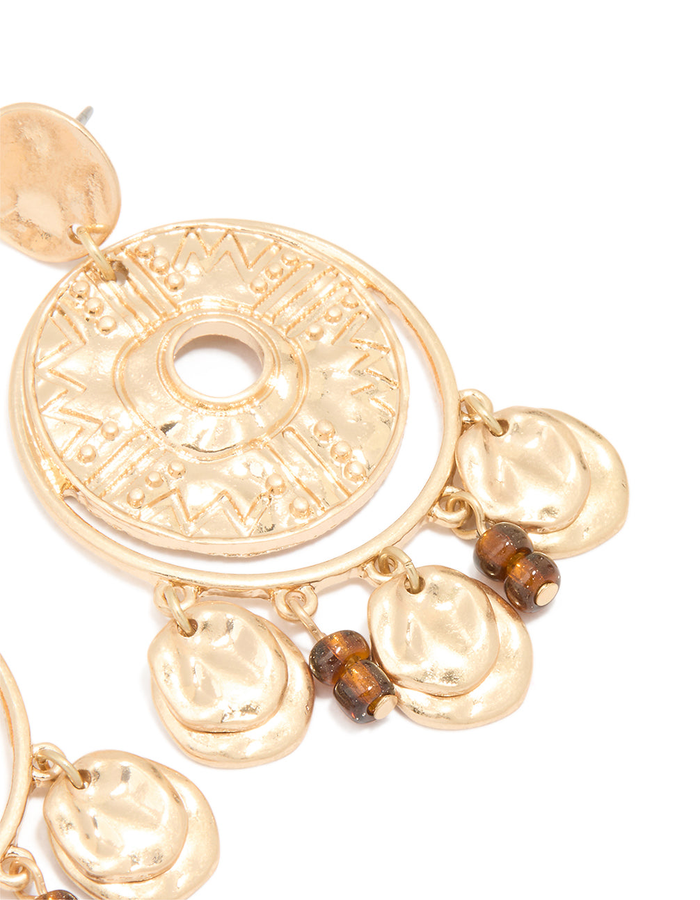 Antique Gold Brown Beaded Textured Circle Drop Earrings