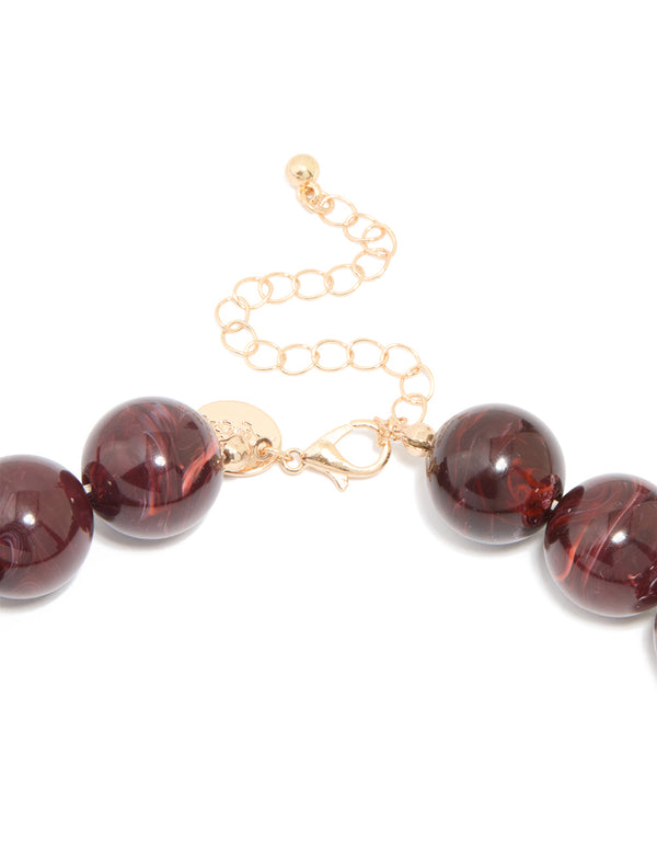 Gold Dark Red Marble Beaded Necklace