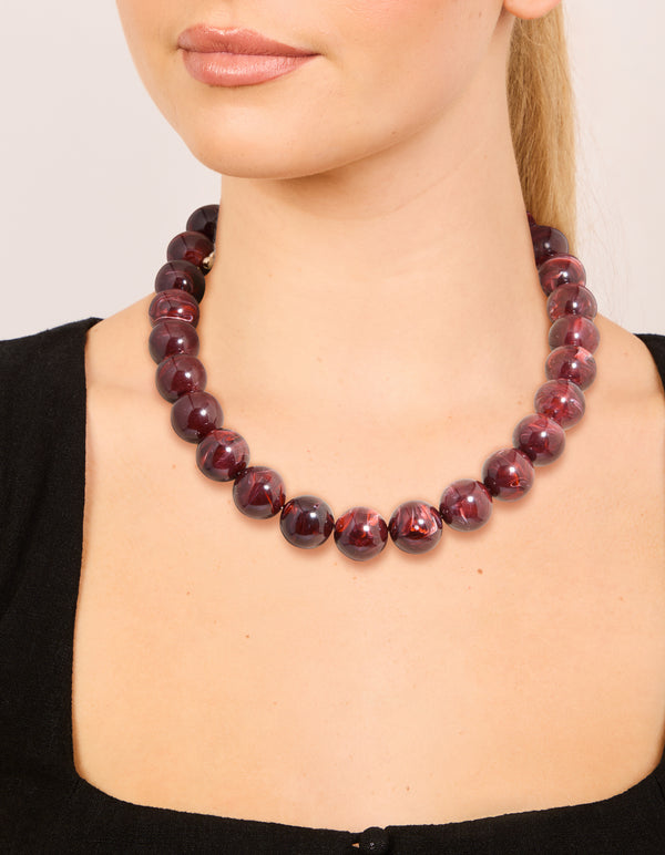 Gold Dark Red Marble Beaded Necklace