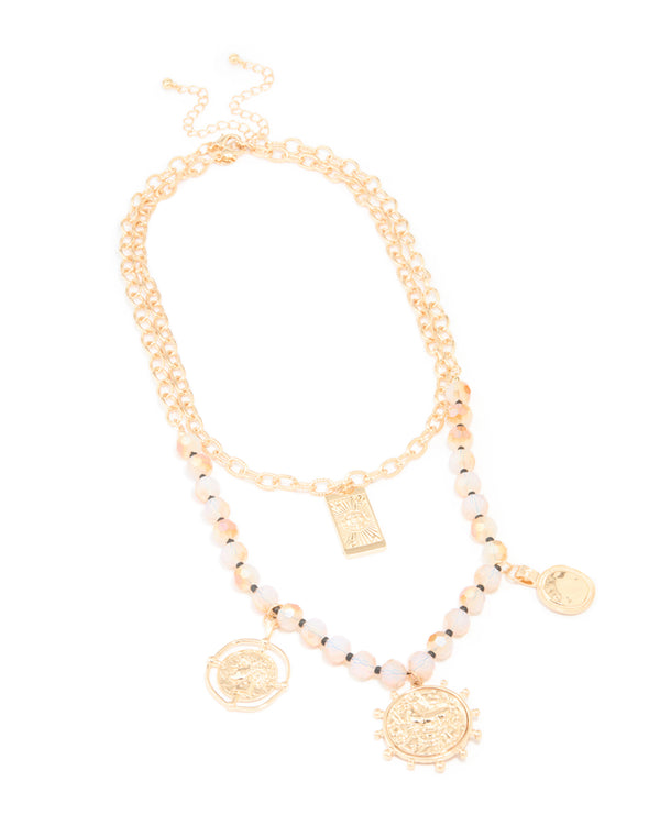 Gold Iridescent Beaded & Disc Charm Layered Necklace