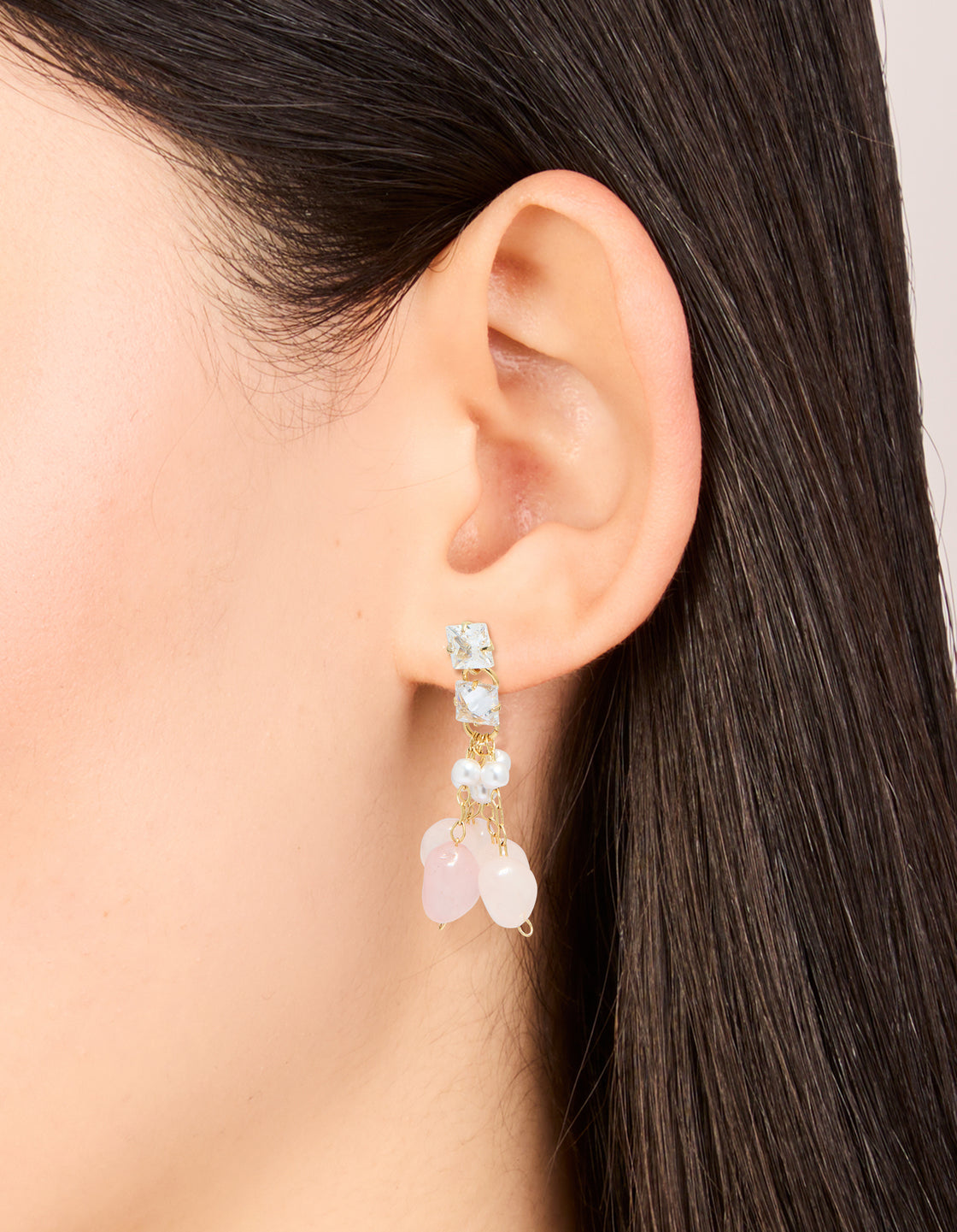 Gold Plated Rose Quartz Chip Cubic Zirconia Drop Earrings