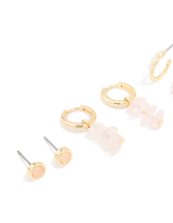 Gold Plated Rose Quartz & Pearl Huggie Earrings 4-Pack