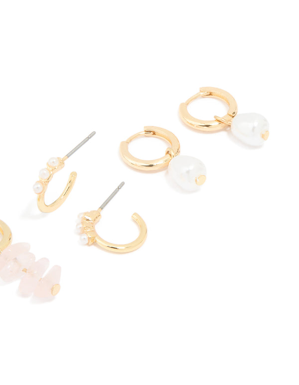 Gold Plated Rose Quartz & Pearl Huggie Earrings 4-Pack